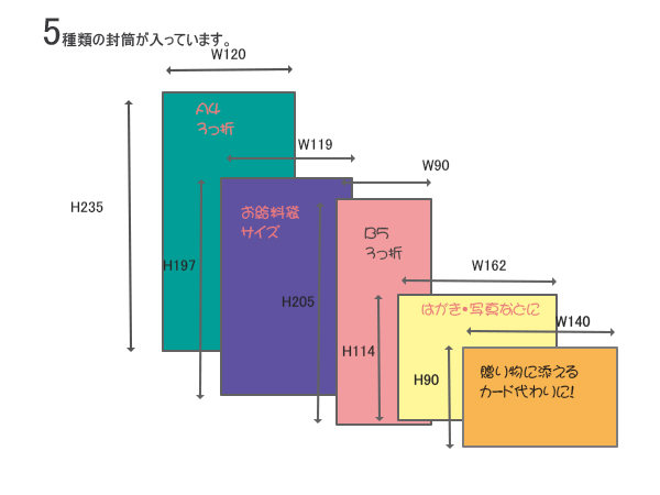 5種類の定形サイズ封筒が入ったカラフルレターセット 86420006